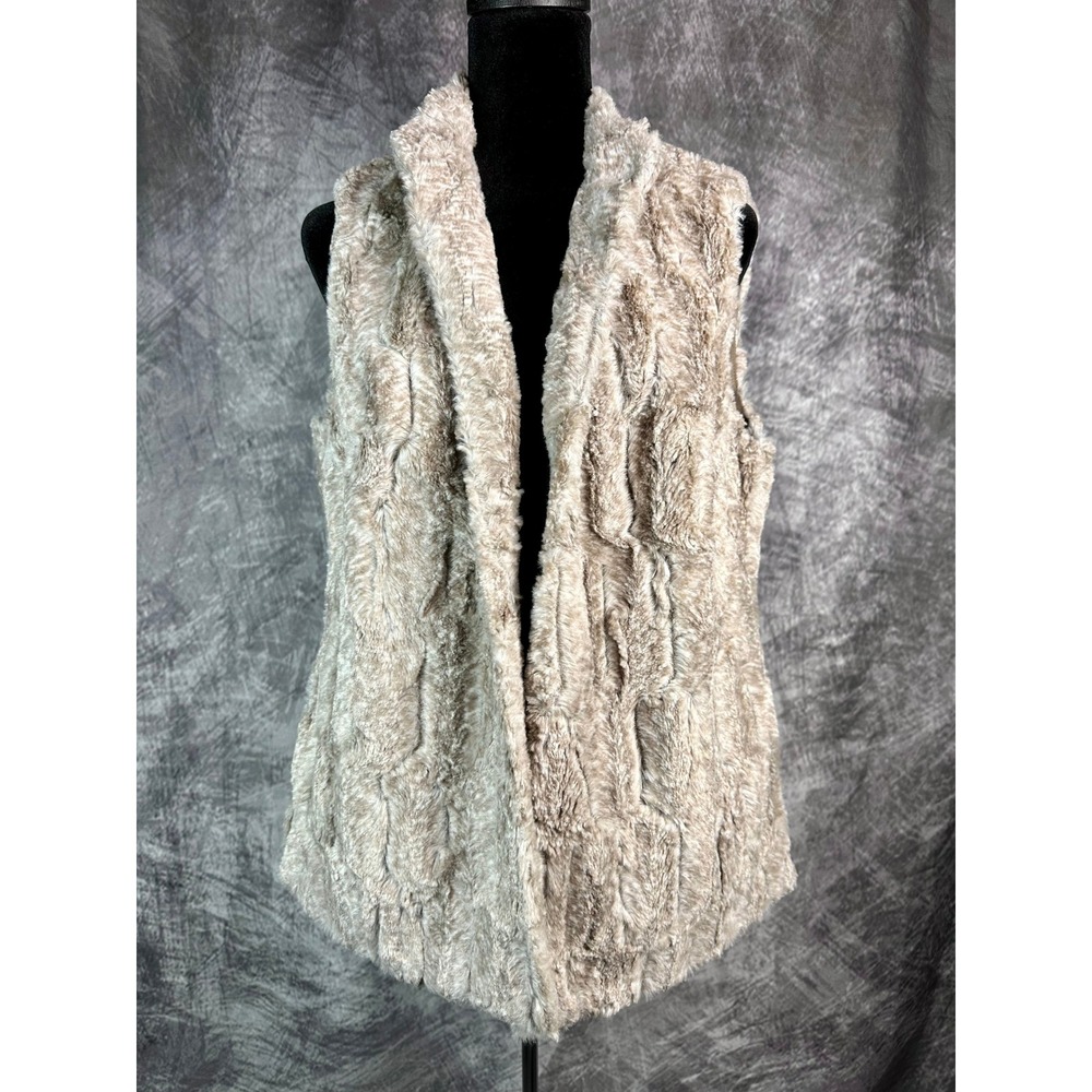 Chico's Faux Fur Vest Women Size 1 Medium Taupe Carved Textured Open Front